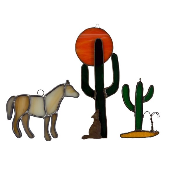 Cactus Sun Horse Desert Suncatchers Southwestern Cowboy Stained Glass Set of 3 - Picture 3 of 8